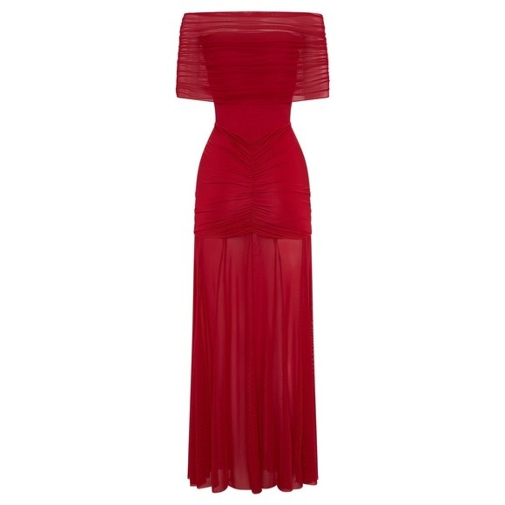 MESHKI Red Off Shoulder Ruched Mesh Maxi Dress Size XXl - Picture 17 of 17